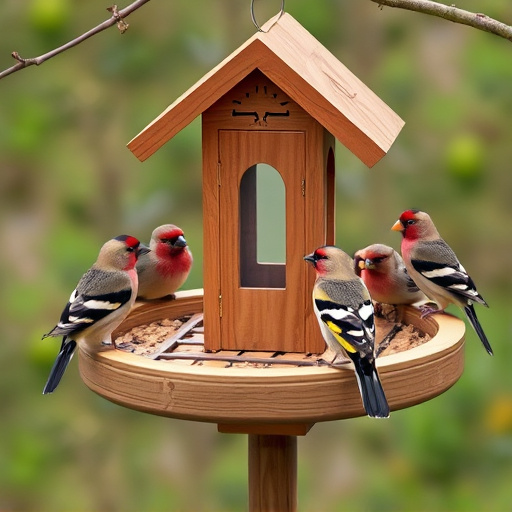 Wooden tray feeder surrounded by finches