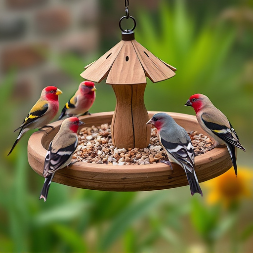 Wooden tray feeder surrounded by finches