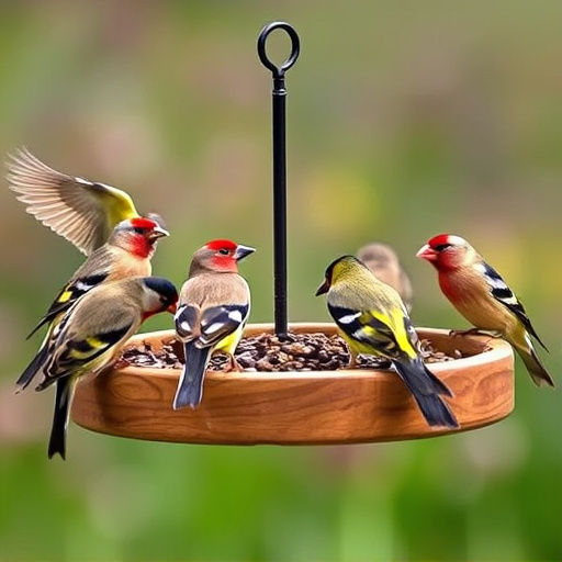 Wooden tray feeder surrounded by finches