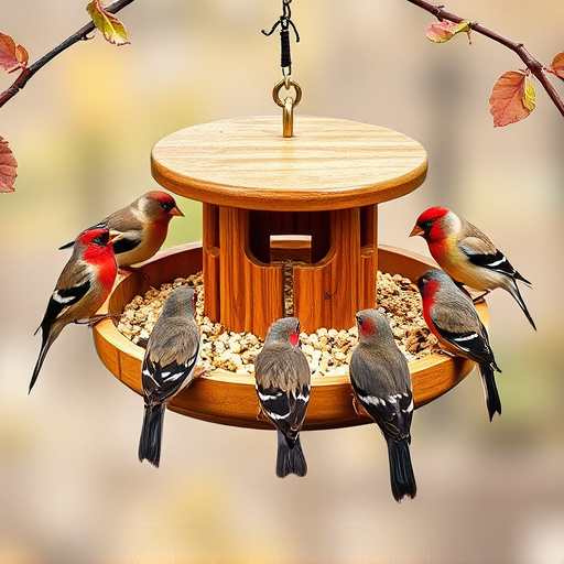 Wooden tray feeder surrounded by finches