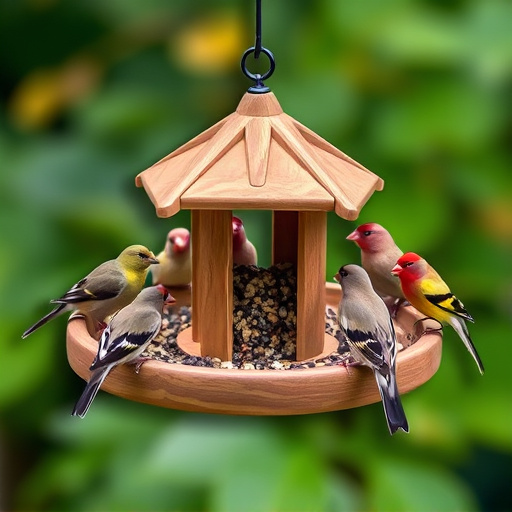 Wooden tray feeder surrounded by finches