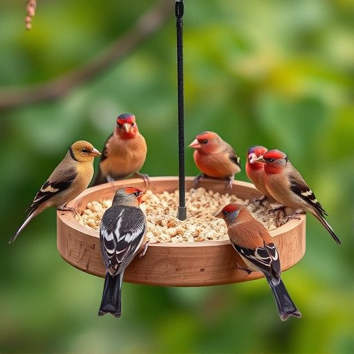 Wooden tray feeder surrounded by finches