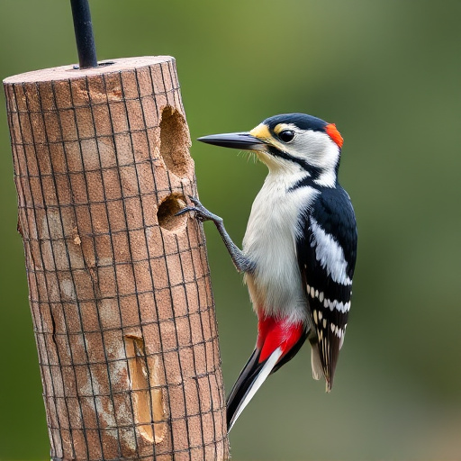 Woodpecker feeding on suet block