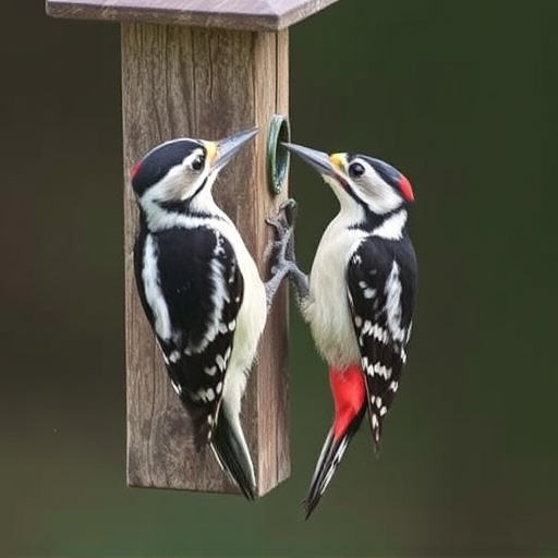 Woodpecker feeding on suet block