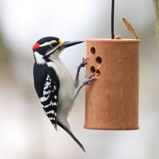 Woodpecker feeding on suet block