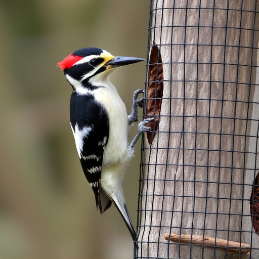 Woodpecker feeding on suet block