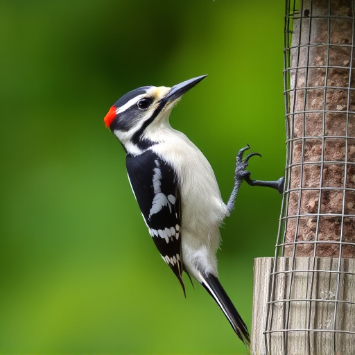 Woodpecker feeding on suet block