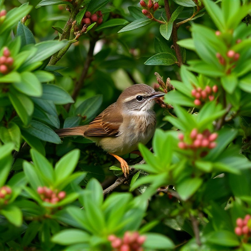 Wren nestled in dense garden shrub