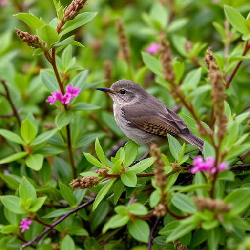 Wren nestled in dense garden shrub