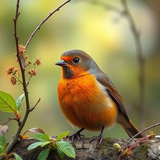 Adult robin perched on mossy branch