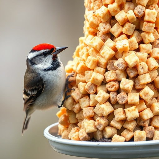 Bird feeding station stocked with suet pellets