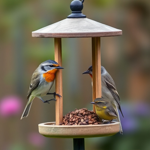 Bird feeding station surrounded by greenery