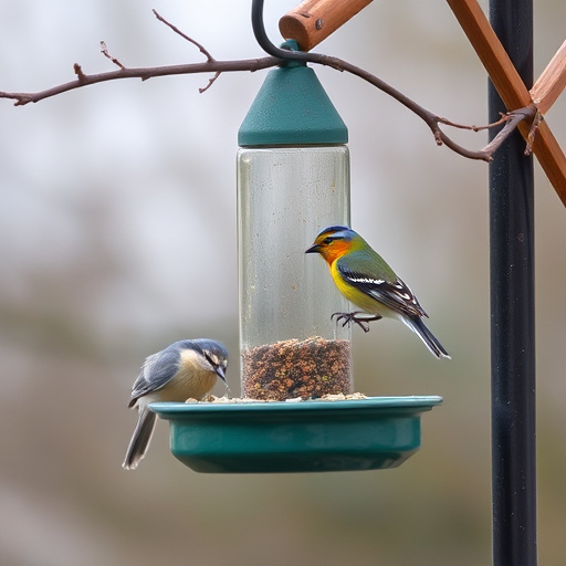 Bird feeding station surrounded by greenery