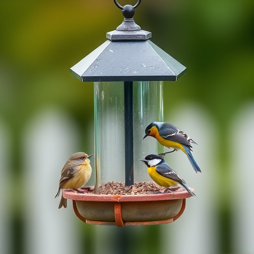 Bird feeding station surrounded by greenery