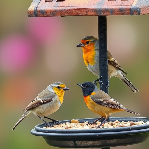 Bird feeding station surrounded by greenery