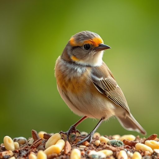 Bird food pellets in wooden feeder