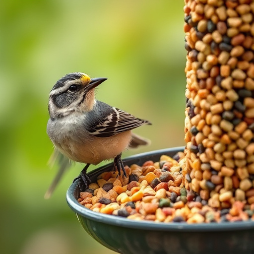 Bird food pellets in wooden feeder