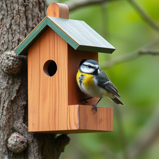 Bird nesting inside cozy wooden box