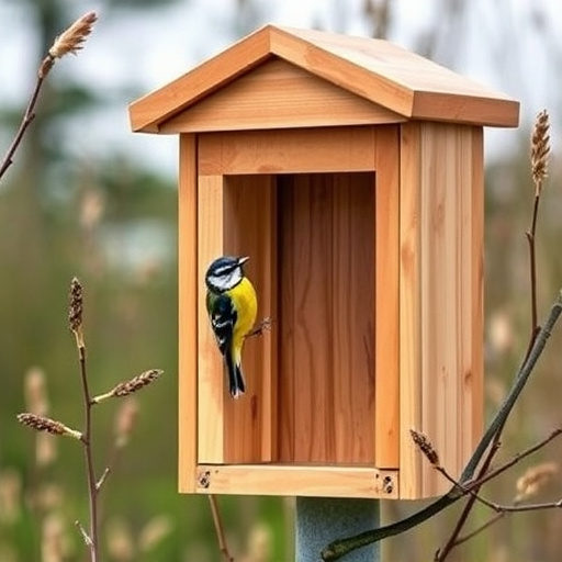 Bird nesting inside cozy wooden box