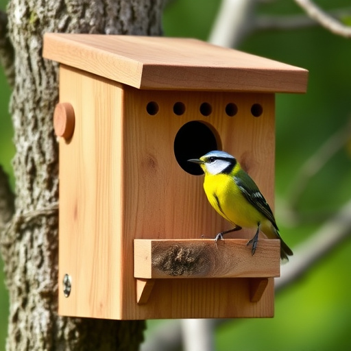 Bird nesting inside cozy wooden box