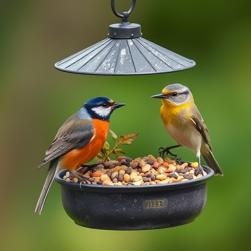 Birds eating tidy feeder seed blend