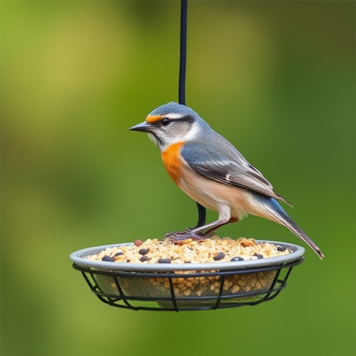 Birds eating tidy feeder seed blend