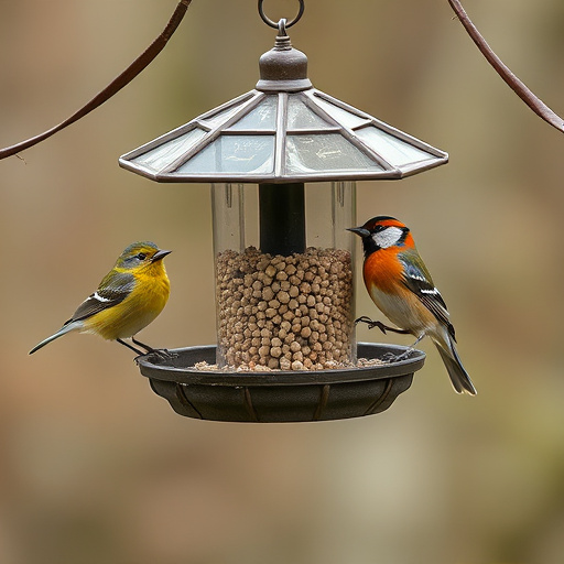 Birds feeding from hanging seed feeder