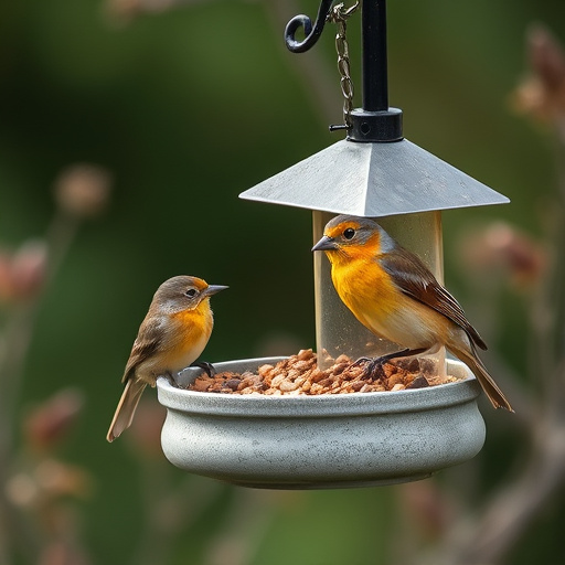 Birds feeding from hanging seed feeder
