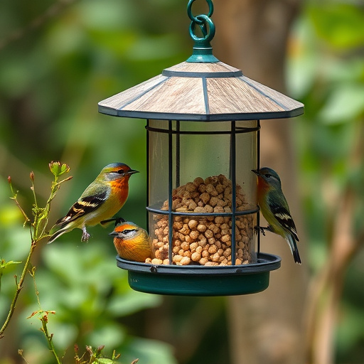 Birds feeding from hanging seed feeder