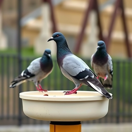 Birds feeding from pigeon-resistant feeder