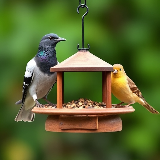Birds feeding from pigeon-resistant feeder