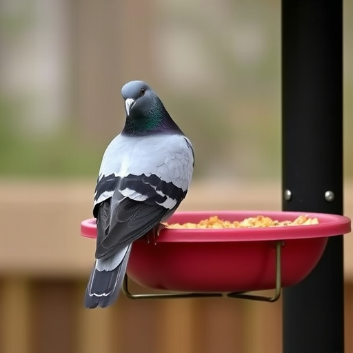 Birds feeding from pigeon-resistant feeder