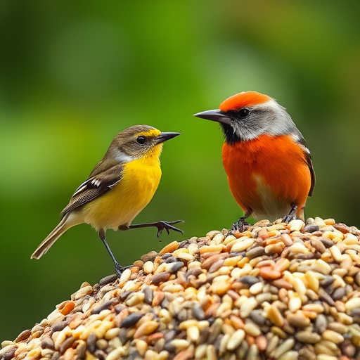 Birds feeding from scattered seed mix