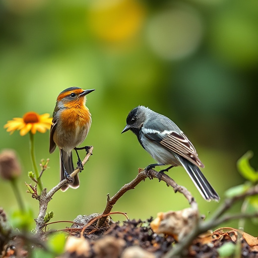 Birds feeding on sunflower seeds