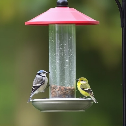 Birds feeding on suspended platform feeder