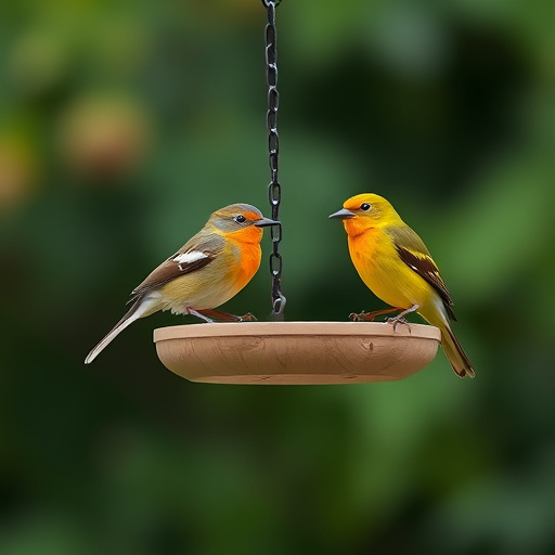 Birds feeding on suspended platform feeder