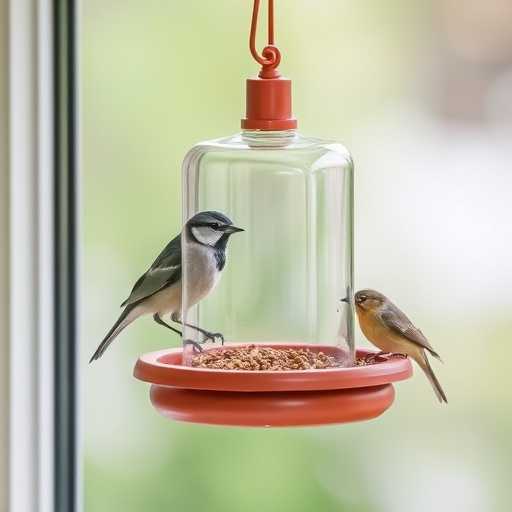 Birds feeding on window bird feeder
