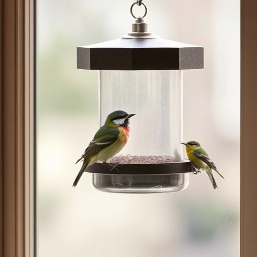 Birds feeding on window bird feeder
