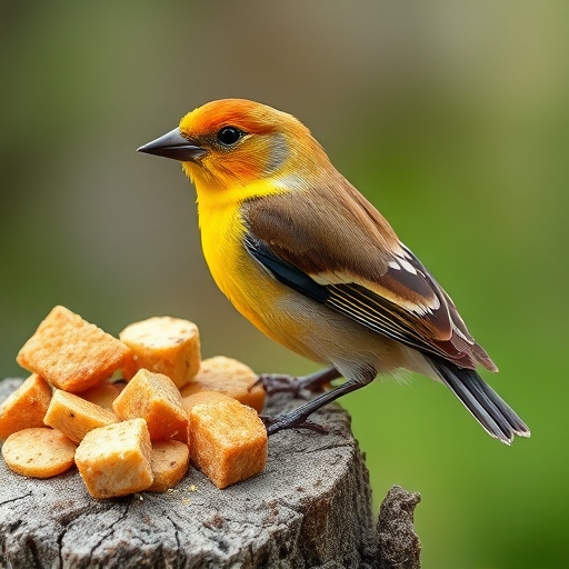 Birds gathering around hanging suet feeder
