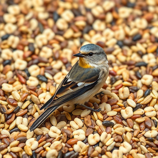 Birds pecking at abundant seed pile