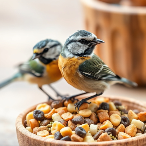 Birds pecking at mixed seed blend