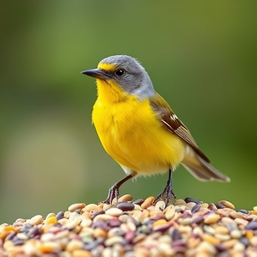 Birds pecking at mixed seed blend