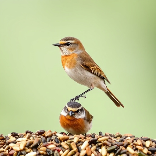 Birds pecking at scattered peanuts