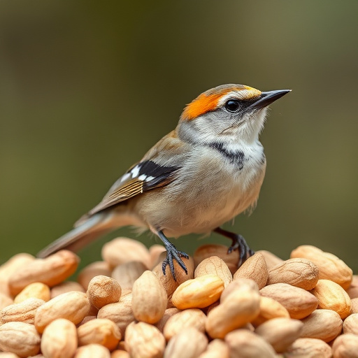 Birds pecking at scattered peanuts outdoors