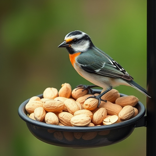 Birds pecking at scattered peanuts outdoors