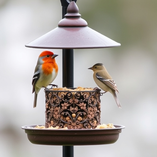 Birds perched on freestanding tray feeder