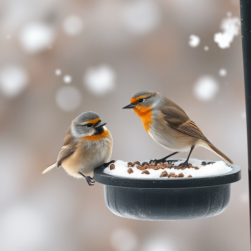 Birds perched on snowy bird feeder