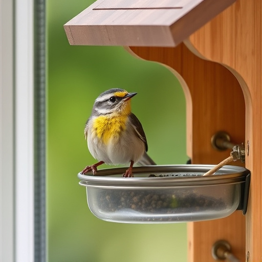 Birds perched on transparent window feeder