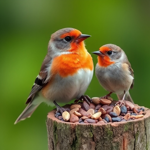 Birds perched on wooden feeding platform