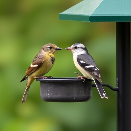 Birds perched on wooden feeding platform